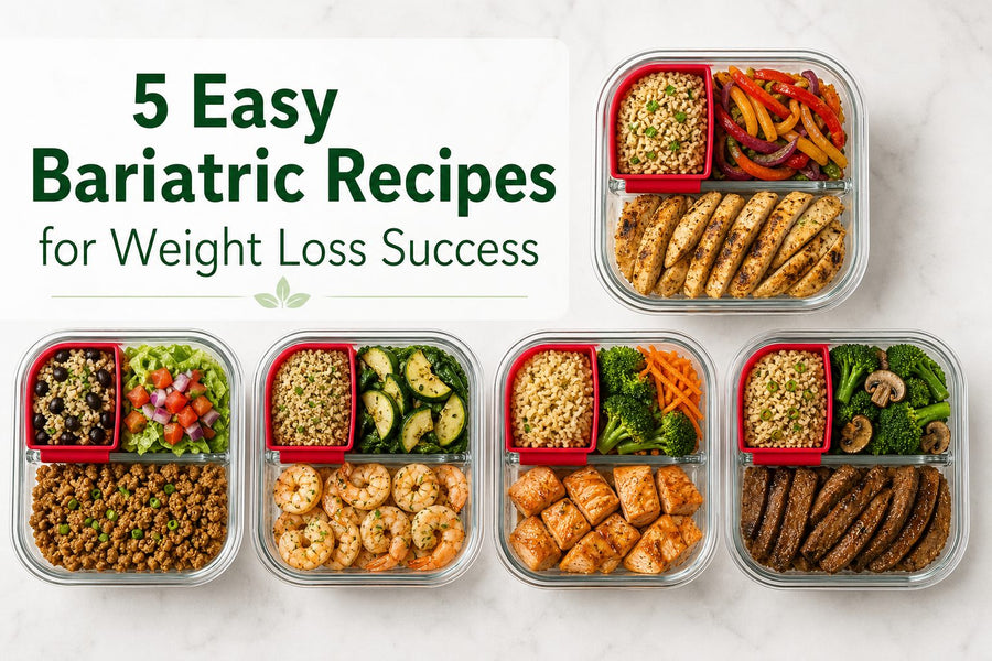 5 easy bariatric recipes plated in BariBowl portion-control containers