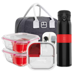 BariBundle II Deluxe Bariatric Meal Prep Bundle – 3 Glass Portion-Control Containers + 20oz Insulated Bottle + Lunch Bag, Silicone Cups & Utensils