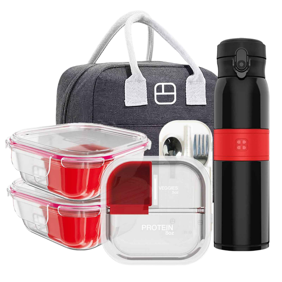 BariBundle II Deluxe Bariatric Meal Prep Bundle – 3 Glass Portion-Control Containers + 20oz Insulated Bottle + Lunch Bag, Silicone Cups & Utensils