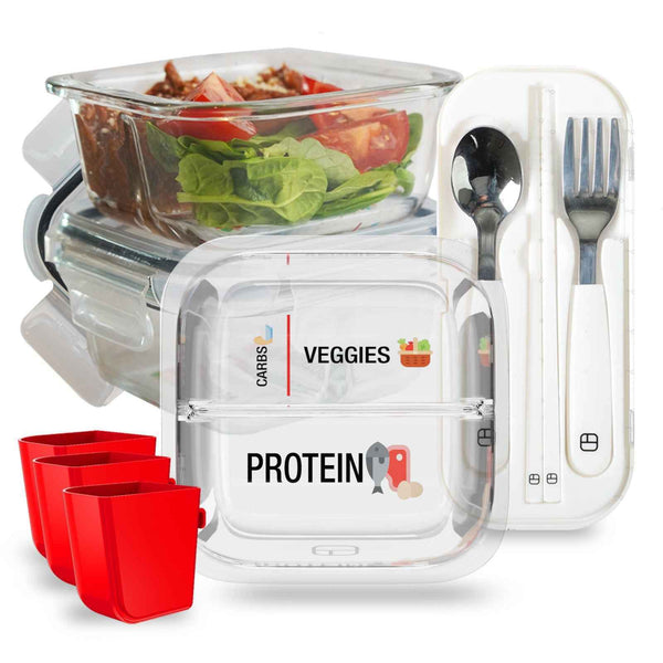Shopify BariBowl Bariatric Meal Prep Set – 3 Glass Portion-Control Containers, Silicone Condiment Cups & Bite-Sized Utensils